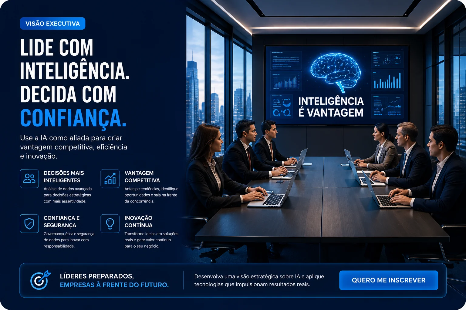Visão executiva: líderes em reunião usando IA para decisão com confiança